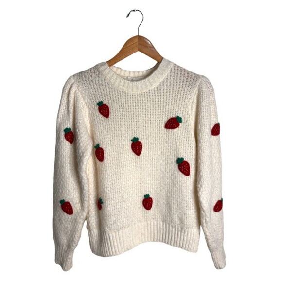 MNG Mango Sweater Appliqué Strawberry Size Small Cream Knit Puff Sleeve Acrylic - Picture 8 of 9